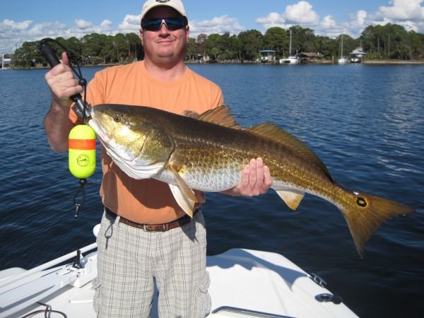 Smiling angler holding a big redfish on the boat